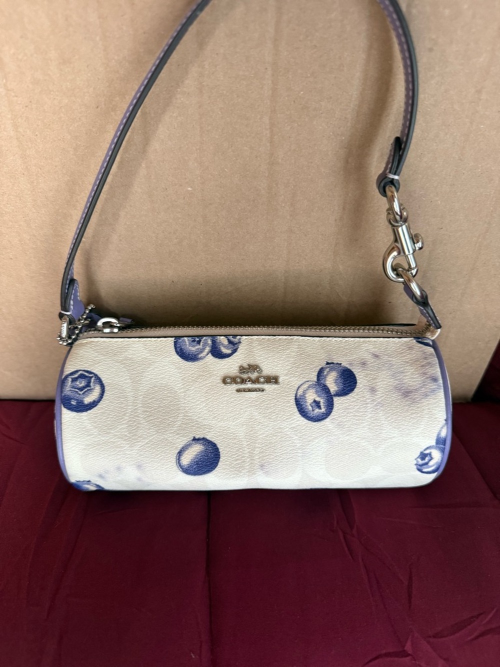 Coach Cream Barrel Wristlet with Blue Fruit Print